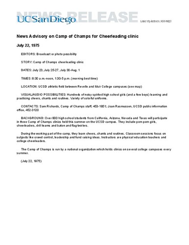 News Advisory on Camp of Champs for Cheerleading clinic