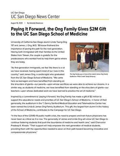 Paying It Forward, the Ong Family Gives $2M Gift to the UC San Diego School of Medicine