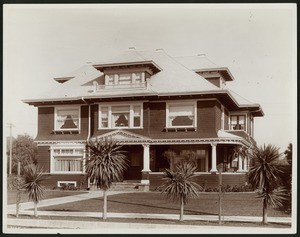 Exterior view of an unidentified three-story Craftsman house in Los Angeles
