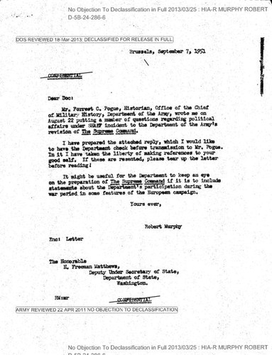 Robert Murphy letters to H. Freeman Matthews regarding political affairs under SHAEF, with attachments