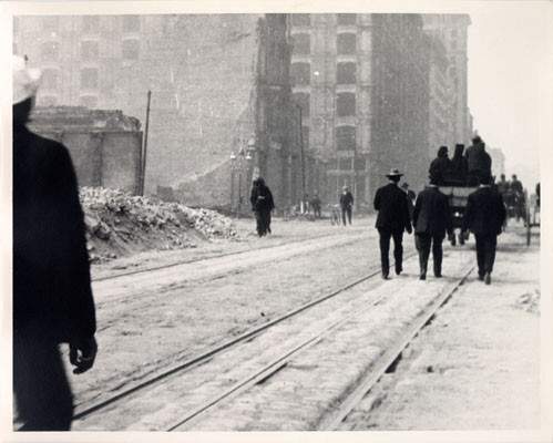 [People walking on an unidentified street after the earthquake and fire of 1906]