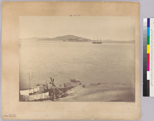 [Alcatraz and the Aquila (clipper ship), San Francisco, with "Sea Bathing" venue in foreground]