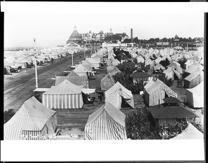 San Diego's Hotel Del Coronado surrounded by a massive tent city, ca.1888