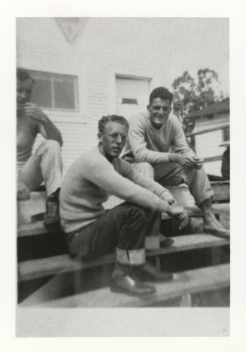 Unidentified, Harold Goody, Jack Moore on clubhouse steps