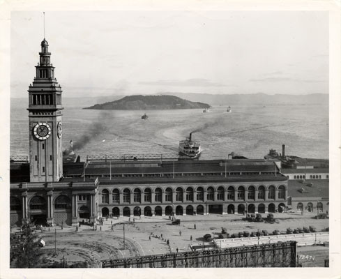 [Ferry Building, with view of Yerba Buena Island in background]