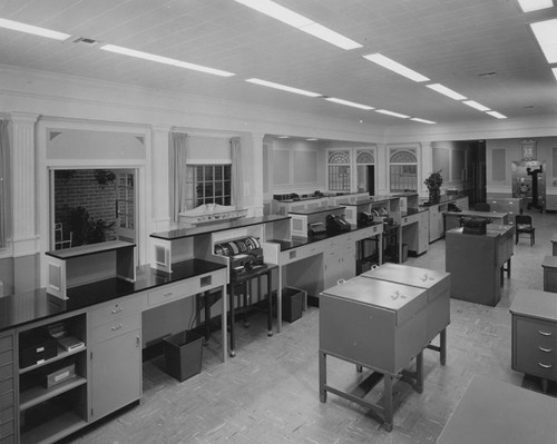 Behind-the-counter view of the First Federal Savings and Loan Association on 506 N. Broadway