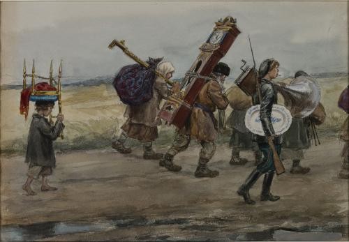 Ivan Vladimirov watercolor portrayal of Russian peasants returning home after pillaging a house