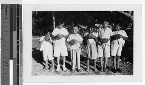 Boys with porcupine fruit, Mexico, ca. 1945-1950