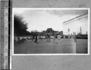 Volleyball game at Harwood Bible Training School, Fenyang, Shanxi, China, ca.1936-37