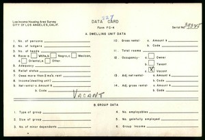 WPA Low income housing area survey data card 227, serial 39325, vacant