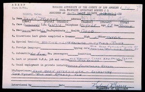 WPA household census employee document for Helen Bierce, Los Angeles
