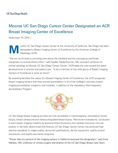 Moores UCSD Cancer Center Designated an ACR Breast Imaging Center of Excellence