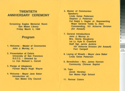 Program - 20th Anniversary Ceremony 3/4/88