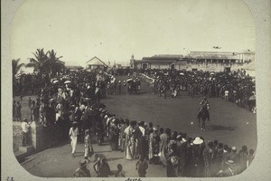 Accra. Arrival of the Governor and his wife Lady Hodgson returning from Kumase after the siege in July 1900. The Accra Volunteers line the streets in their honor