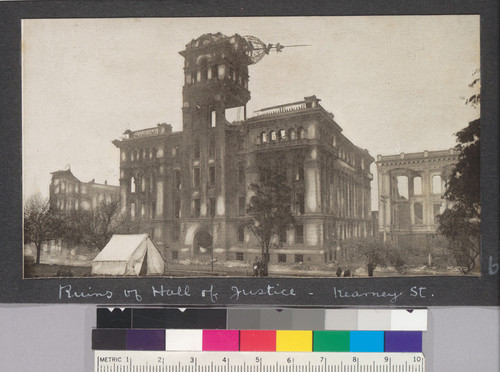 Ruins of Hall of Justice, Kearney [i.e. Kearny] St. [Clipping from unidentified source.]