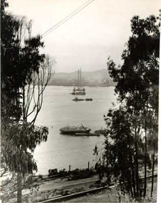 [View of the western half of the San Francisco-Oakland Bay Bridge under construction]