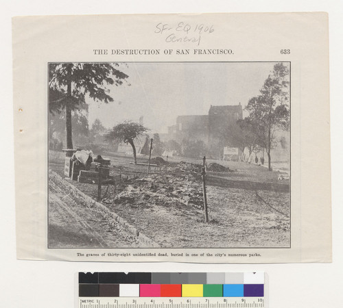 The destruction of San Francisco. The graves of thirty-eight unidentified dead, buried in one of the city's numerous parks. [Portsmouth Square. Clipping from unidentified source.]