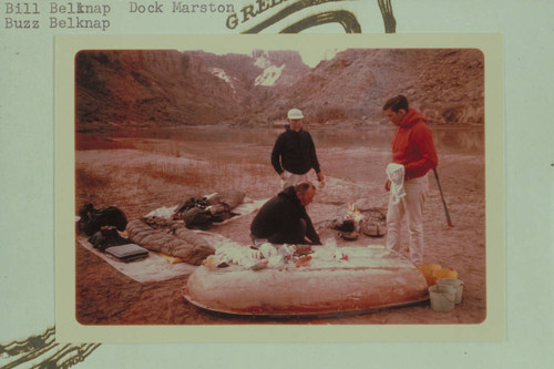 Bathing dishes at camp below Butler Canyon. Bill Belknap, Dock Marston, Buzz Belknap