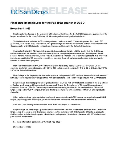 Final enrollment figures for the Fall 1982 quarter at UCSD