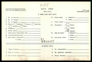 WPA Low income housing area survey data card 248, serial 34776, vacant