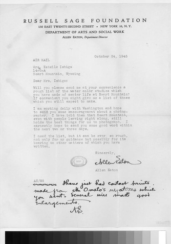 Letter, 1945 October 24, New York, N.Y. to Mrs. Estelle Ishigo, Heart Mountain, Wyo