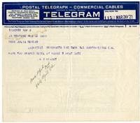 Telegram from William Randolph Hearst to Julia Morgan, March 30, 1921