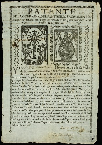 Patente de la Cofradia del Santissimo Sacramento y Nuestra Señora del Rosario, fundada en la Iglesia Parrochial de el Pueblo de Tepotzotlan