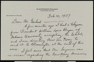 Eldon C. Hill, letter, 1937-02-10, to Hamlin Garland
