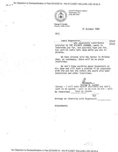 Records relating to request of Lewis Regenstein to interview William Casey