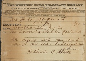 Katharine Corcoran Herne, telegram, 1903-07-20, to Hamlin & Zulime Garland