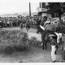 View of the 21 riders who carried the mail from Sacramento to Benicia as seen gathered at the dedication site to celebrate the centennial of the Pony Express in 1960