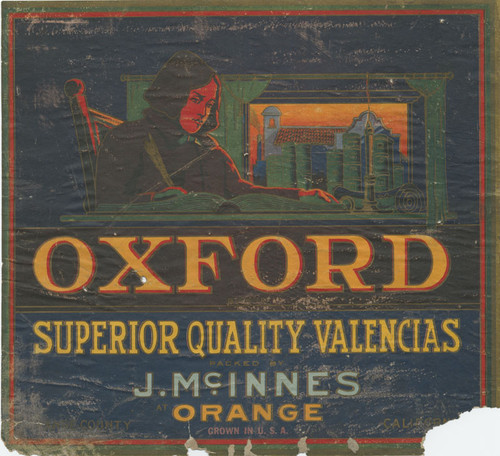 Crate label for "Oxford Superior Quality Valencias", Packed by J. McInnes, Orange, California, 1922-1925