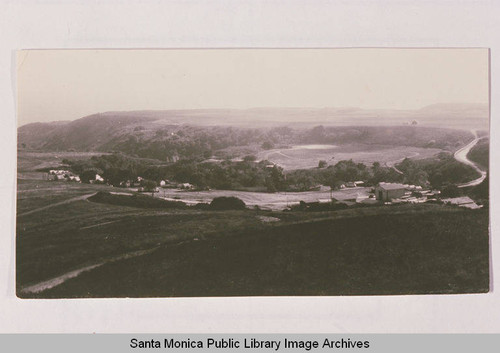 Looking toward Temescal Canyon in early 1923, on the right is Sunset Blvd. (then, called Marquez Road) and the center is the present site of downtown Pacific Palisades, Calif