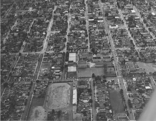Aerial view looking north toward the Historic Plaza District in Orange, California, ca. 1952