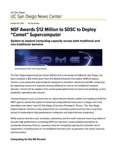 NSF Awards $12 Million to SDSC to Deploy "Comet" Supercomputer