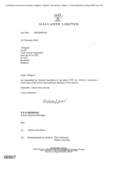 [Letter from Gallaher Limited to Watson regarding Spreadsheet requested by Victoria Sandiford]