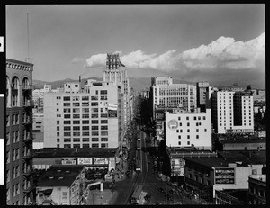 Panoramic view of Los Angeles, showing Main Street and Broadway looking north from Eleventh Street, November 21, 1931