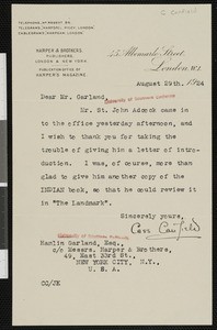 Cass Canfield, letter, 1924-08-29, to Hamlin Garland