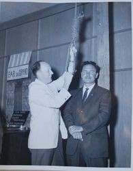 Sebastopol Lions Club 'debunking' of Glenn Klineman with Jack Fore holding noose, about 1955 (Sebastopol Lions Club scrapbook photo)