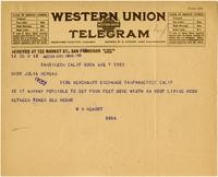 Telegram from William Randolph Hearst to Julia Morgan, August 7, 1923
