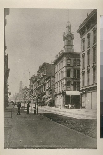 Sutter St. west from Montgomery St., ca. 1882. Temple Emanu-El domes, distance; Occidental Hotel, extreme right. [Photograph by Taber.]