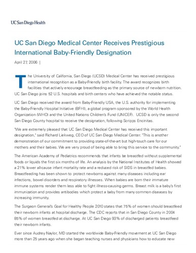 UCSD Medical Center Receives Prestigious International Baby-Friendly Designation