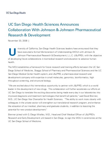 UC San Diego Health Sciences Announces Collaboration With Johnson & Johnson Pharmaceutical Research & Development