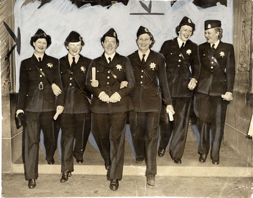 [Vera Wendt, Mary O'Malley, Rita Bernell, Florence Moodie, Elizabeth Rickey and Amy Sliger after making their bow as new Police Officers]