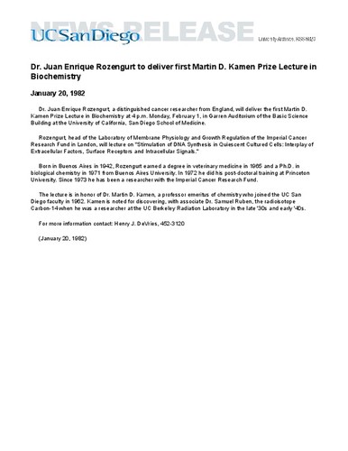 Dr. Juan Enrique Rozengurt to deliver first Martin D. Kamen Prize Lecture in Biochemistry