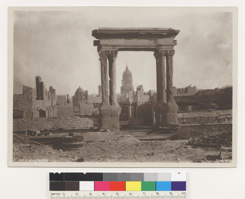 City Hall ruins. [Framed through ruined façade of unidentified residence. No. 7362.]