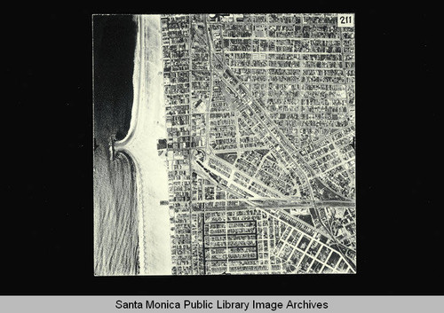 Aerial map of Santa Monica City flown by Pacific Air Industries, April 1, 1950 with section boundaries from south of the Santa Monica Pier to San Vicente Blvd
