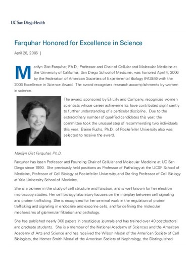 UCSD's Marilyn Gist Farquhar, Ph.D., Honored by the Federation of American Societies of Experimental Biology (FASEB) with the 2006 Excellence in Science Award