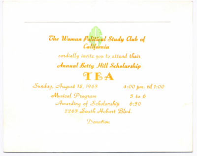 Woman's Political Study Club annual Betty Hill scholarship tea invitation