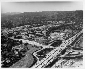 Aerial view of the San Diego Freeway (US-405) at Wilshire Boulevard United States Soldiers Home which was once part of Beverly Hills